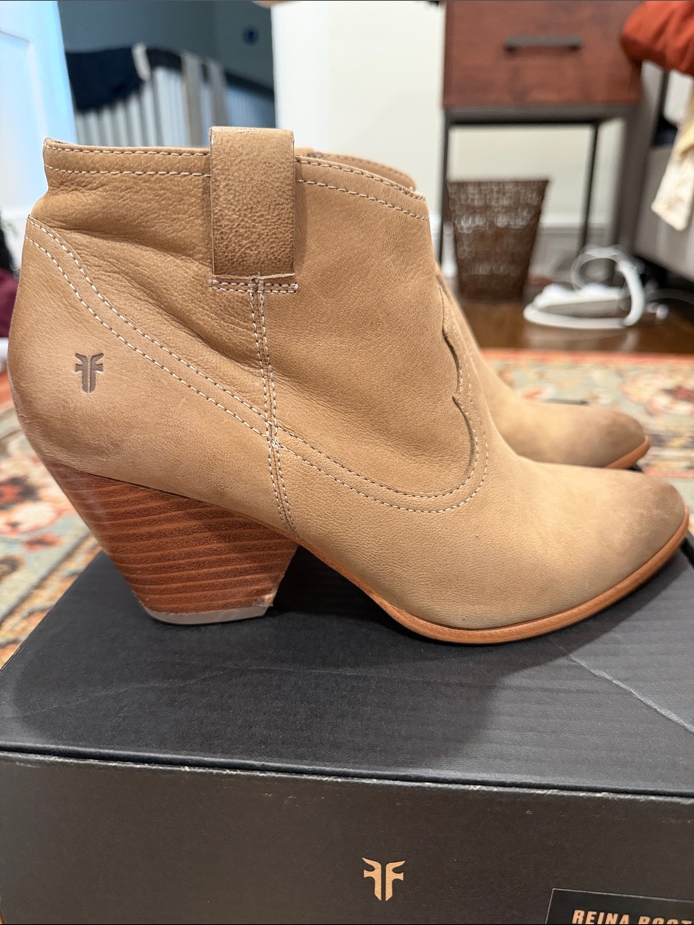 Frye Reina Tan Suede Ankle Booties with Stacked Heel